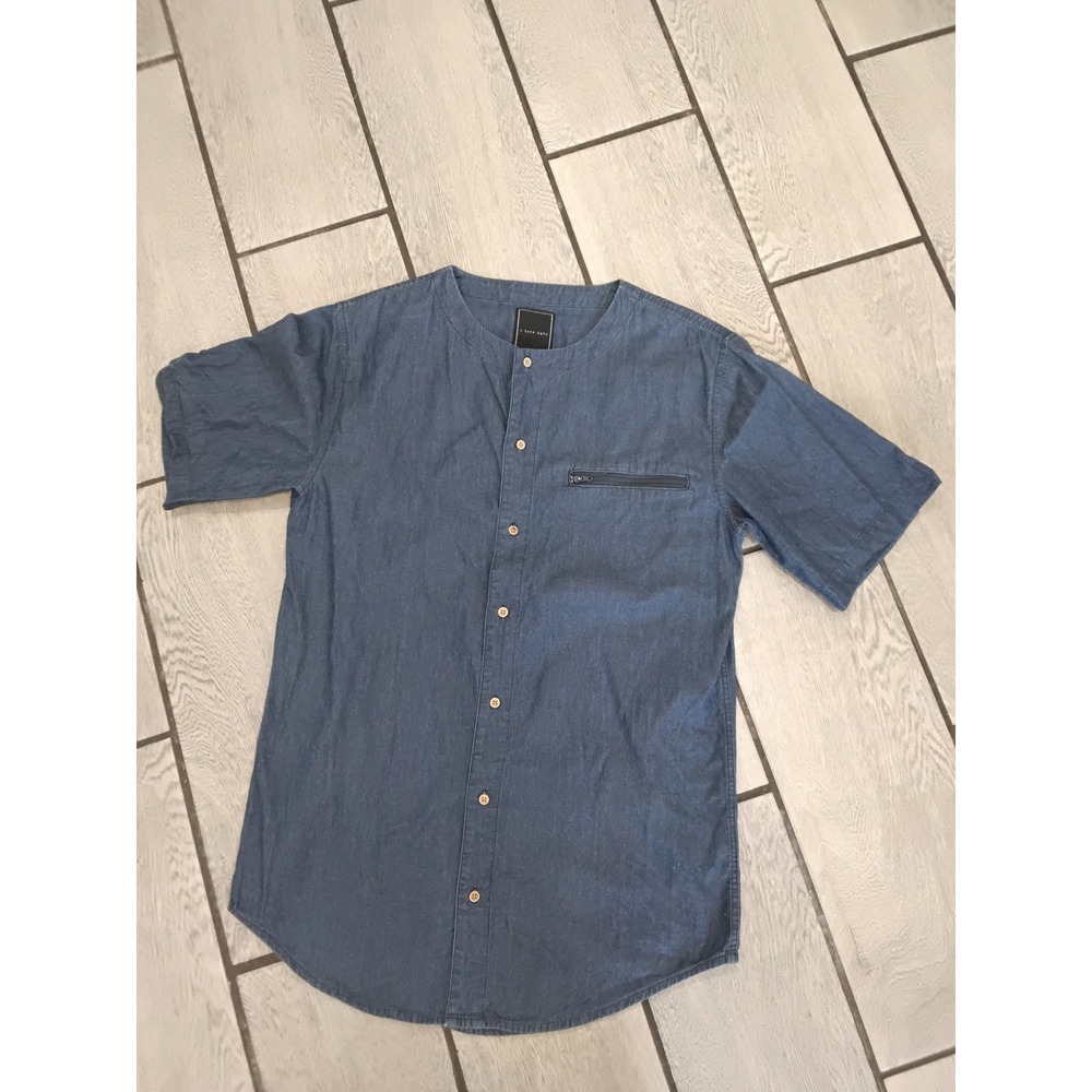I Love Ugly Mens Small Blue Denim Collarless Short Sleeve Button Down Shirt Zip